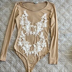 Charlotte Russe Tan Bodysuit with White Lace